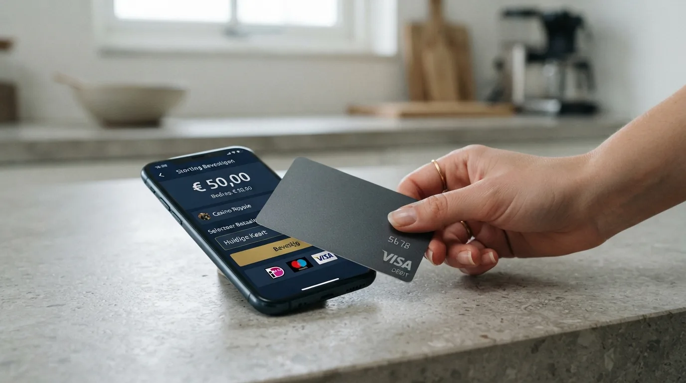 Een MuchBetter-betaalpas op een smartphone met een casino-stortingsscherm op de achtergrond