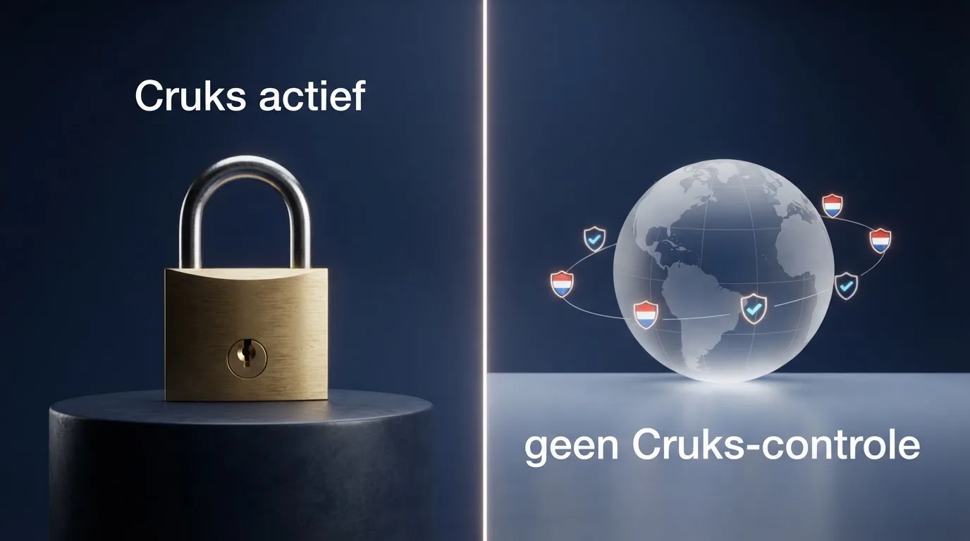Een visuele splitsing: links het Ksa-logo met een slot en de tekst 'Cruks actief', rechts een wereldbol met buitenlandse licenties en de tekst 'geen Cruks-controle'