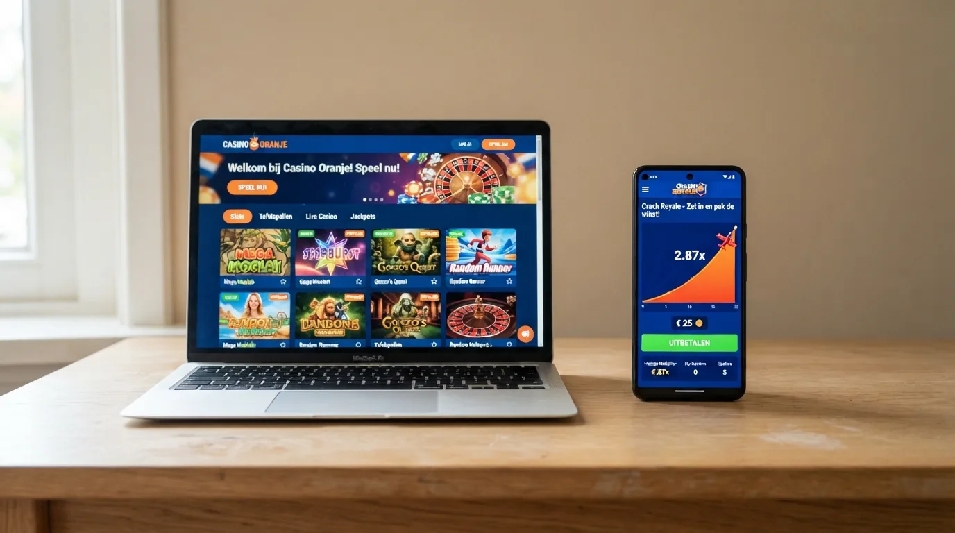 Overzicht van Nederlandse online casino's met Aviator in het spelaanbod, getoond op een laptop en telefoon