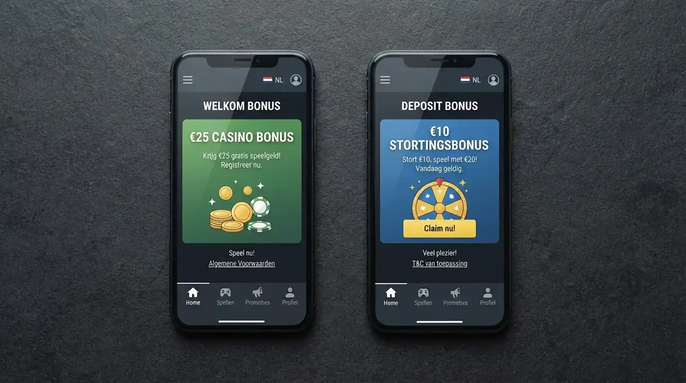 Twee smartphones naast elkaar met op het ene scherm een Kansino-pagina en op het andere een OneCasino-pagina, met bonusbedragen zichtbaar