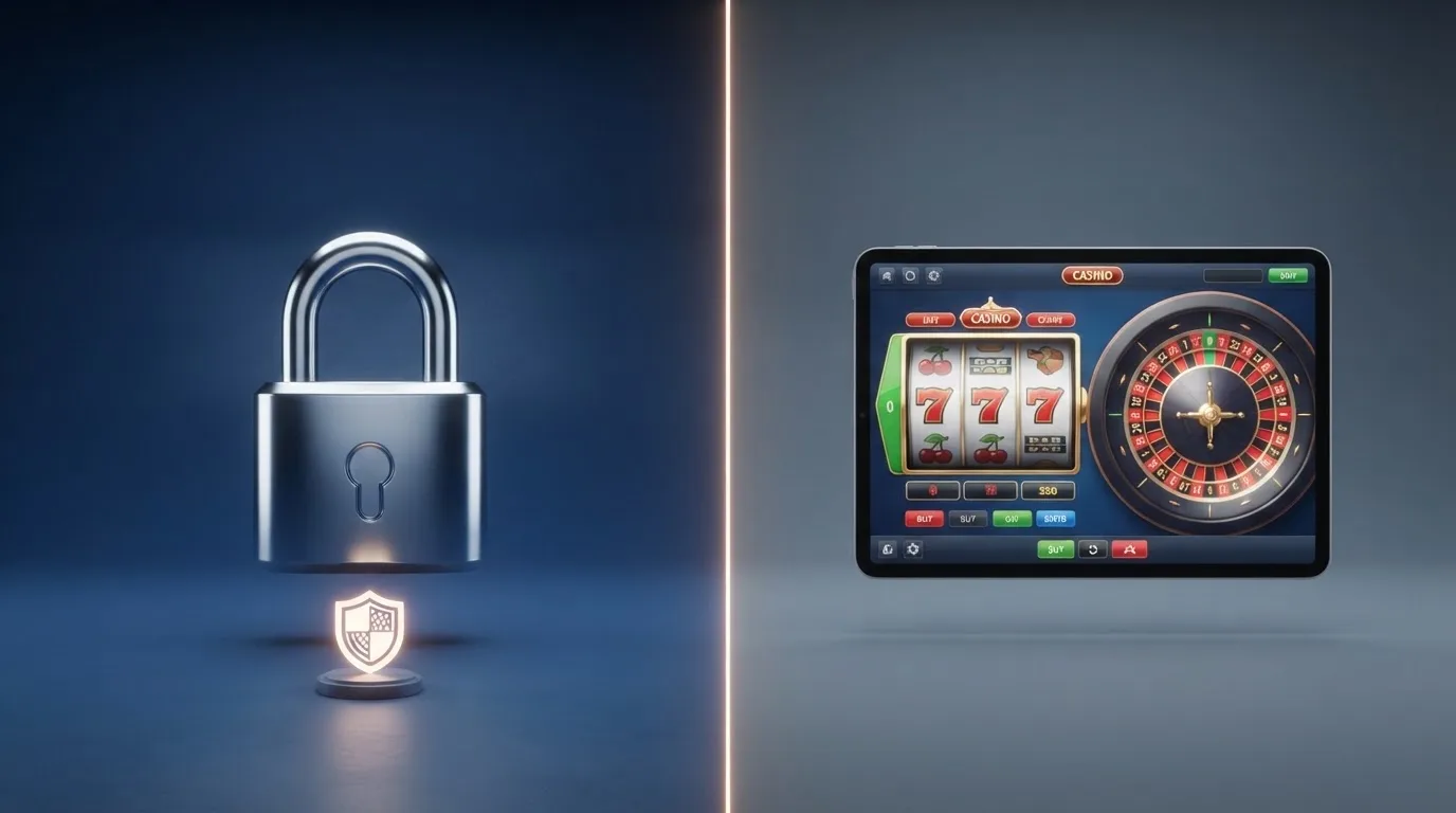 Een split-screen die links het Ksa-logo en een slotje-symbool toont, rechts een casino-interface zonder keurmerk of slotje.