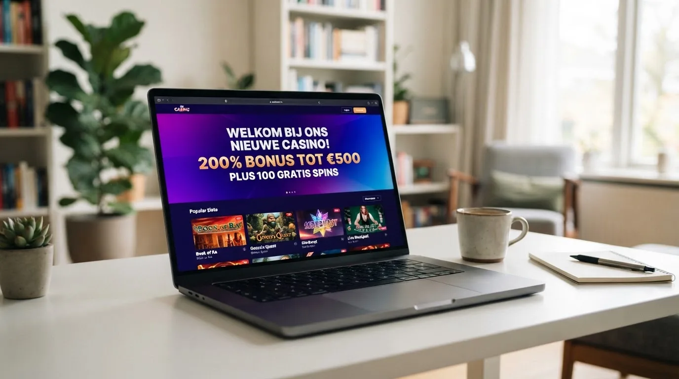 Een strak vormgegeven en modern ogend online casino met een welkomstbonus-banner