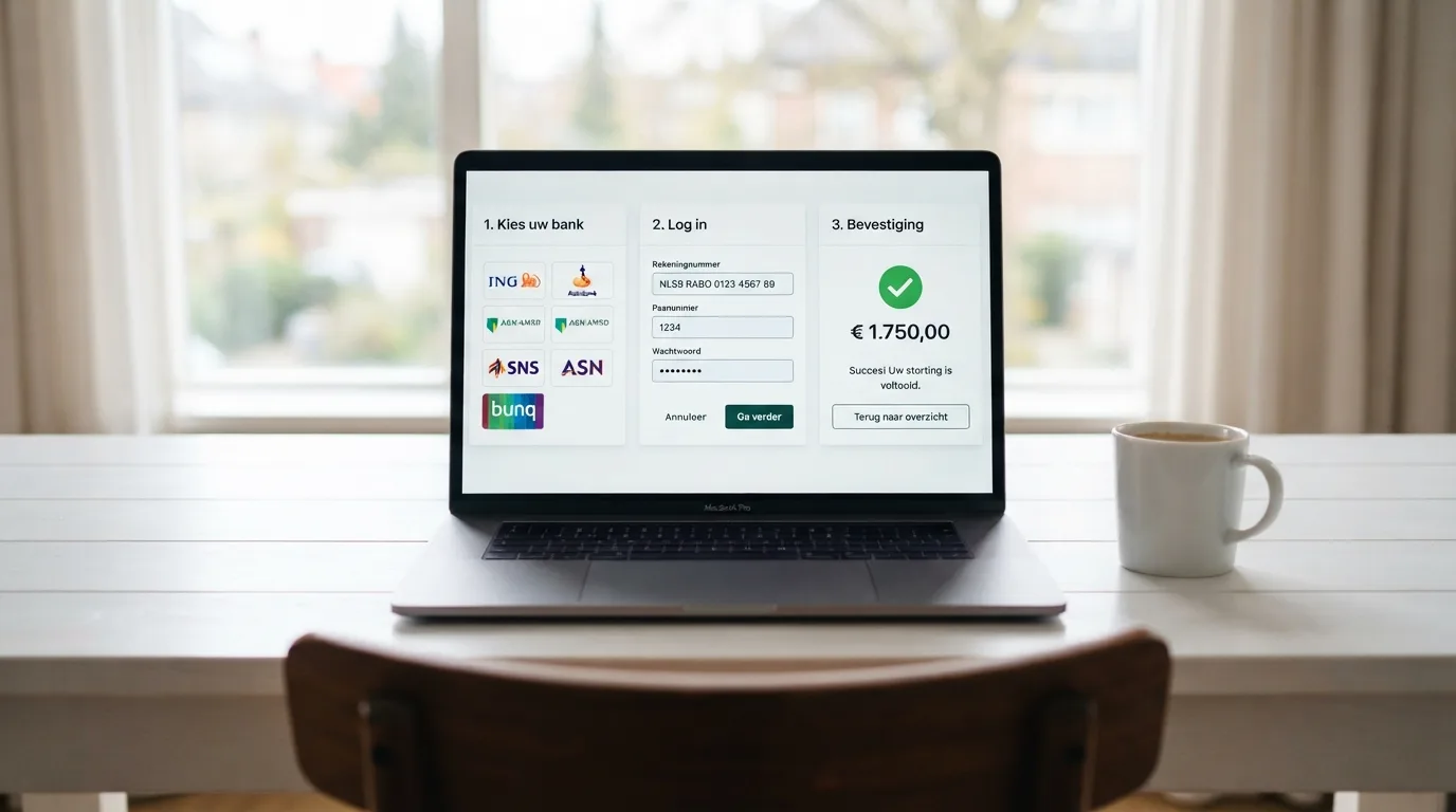 Een laptopscherm dat de drie stappen van een Nodapay-storting toont: bankselectie, inloggen bij de bank, en de bevestiging dat het saldo is bijgeschreven