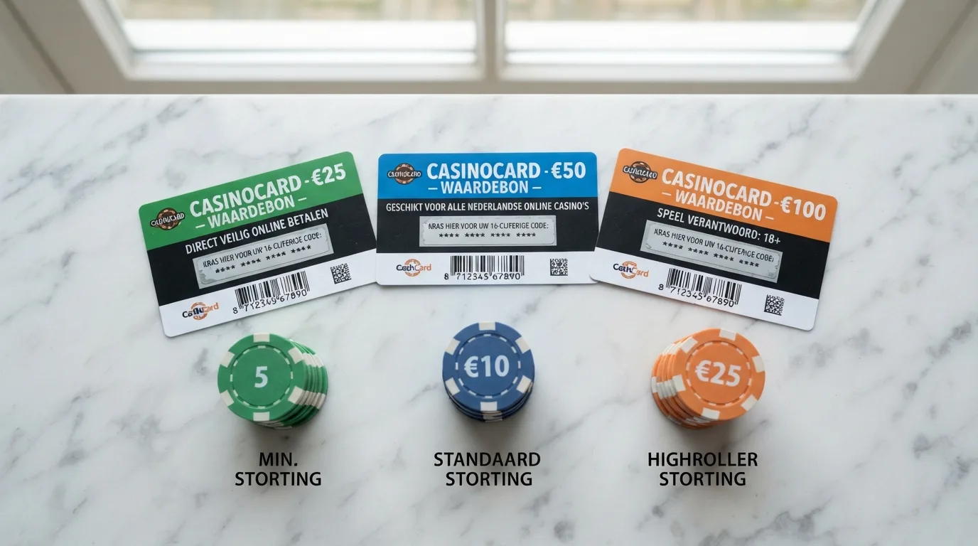 Drie Paysafecard-codes van 25, 50 en 100 euro naast elkaar, met daaronder de logo's van Unibet, bet365 en Casino777 en hun minimale en maximale stortingsbedragen visueel weergegeven