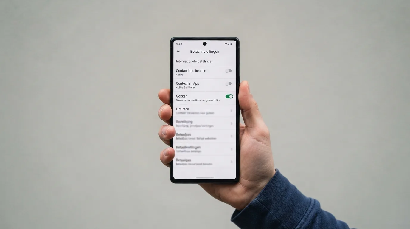 De instellingenpagina van de Revolut-app met de schakelaar voor de Gambling Block zichtbaar in het menu