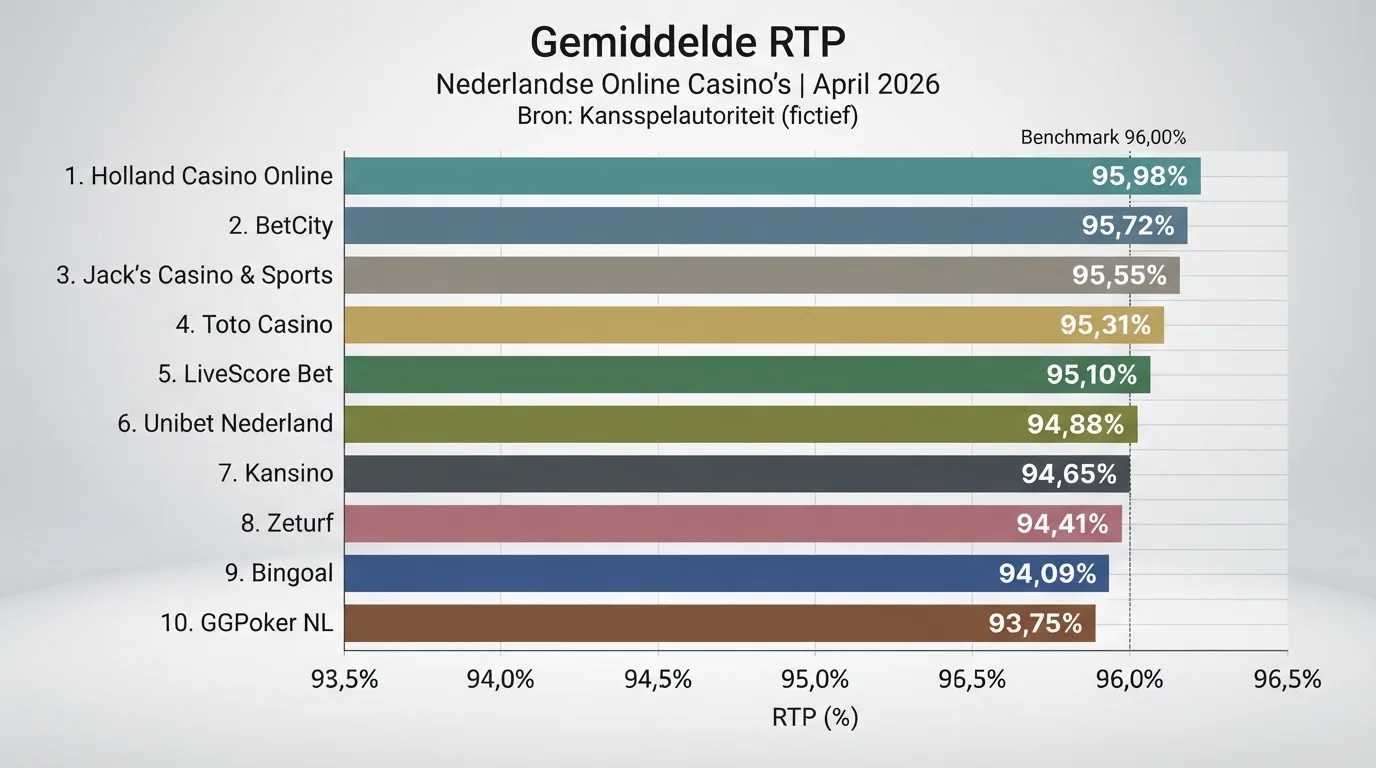 Een staafdiagram met de gemiddelde RTP-percentages van tien Nederlandse online casino's, gemeten in april 2026