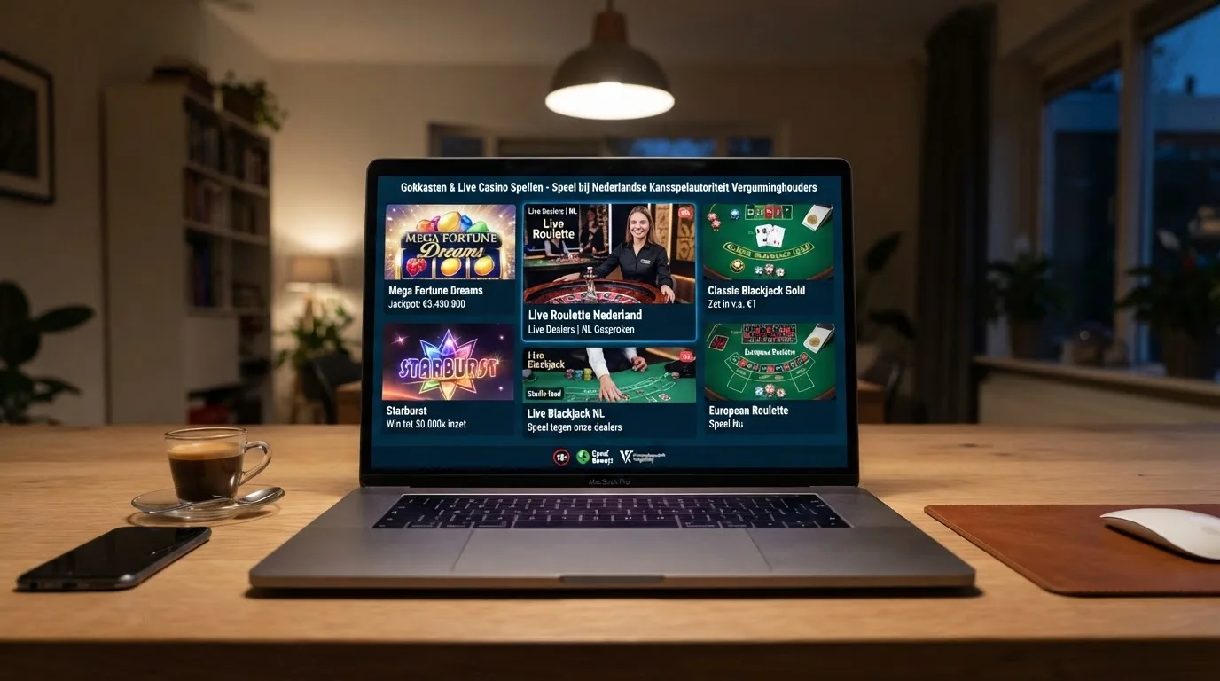 Een raster van speltegels: links slots van NetEnt en Pragmatic Play, midden een live-roulettetafel met croupier, rechts een blackjacktafel — allemaal in de interface van een Nederlands online casino