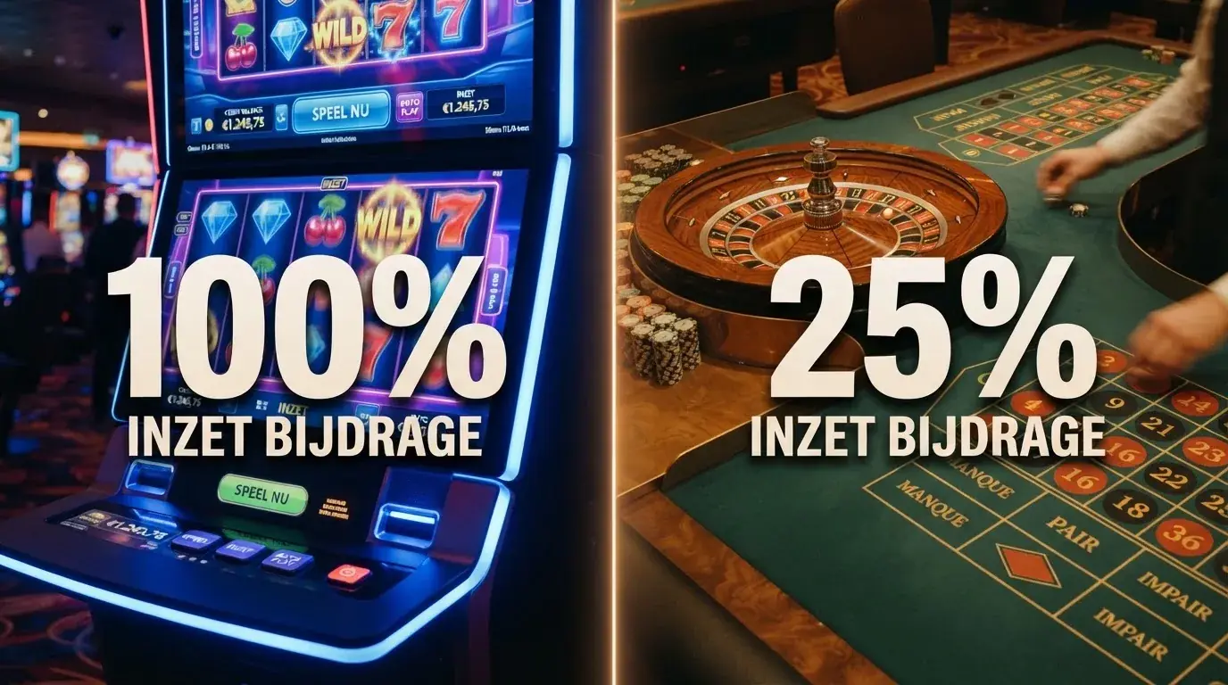 Een split-screen van een online slot en een roulettetafel met percentages in beeld (100% en 25%)