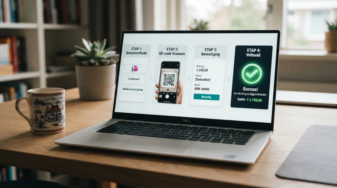 Een stapsgewijze weergave van het iDEAL-stortingsproces in een online casino: kies iDEAL → scan QR-code of open bank-app → bevestig bedrag → saldo staat direct klaar