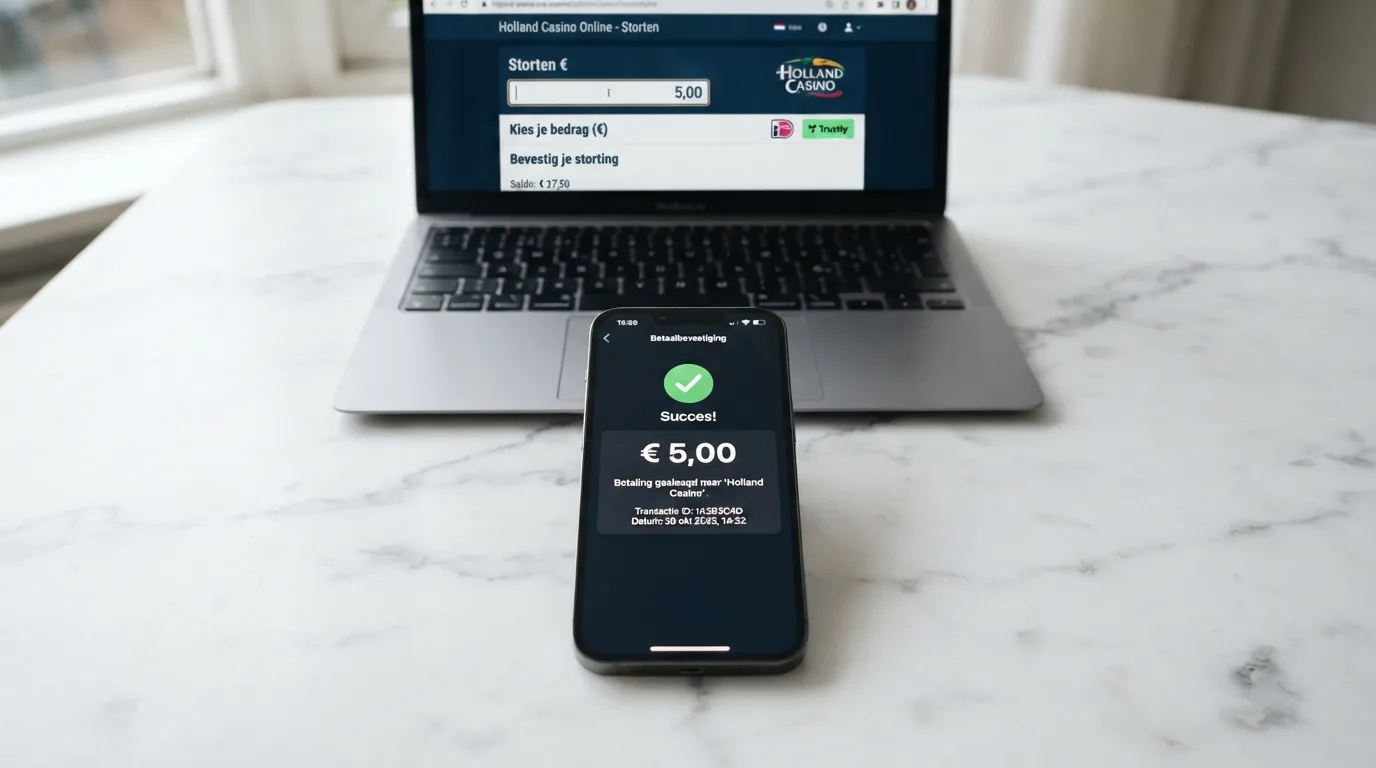 Een smartphone met het iDEAL-bevestigingsscherm en op de achtergrond een casino-stortingspagina met een €5-invoerveld