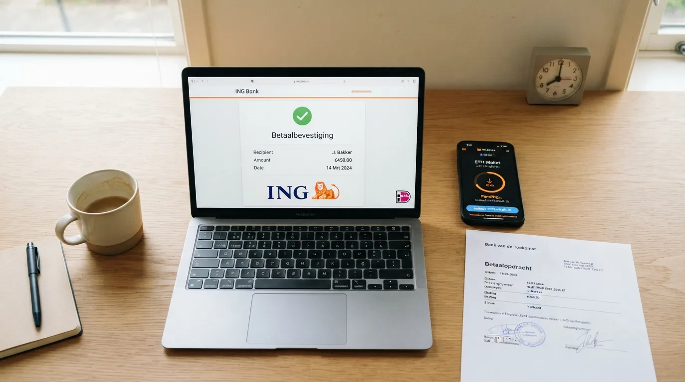 Een scherm met een iDEAL-betaalpagina naast een crypto-wallet en een bankoverschrijvingsbevestiging, met een klok die de verwerkingstijd aangeeft