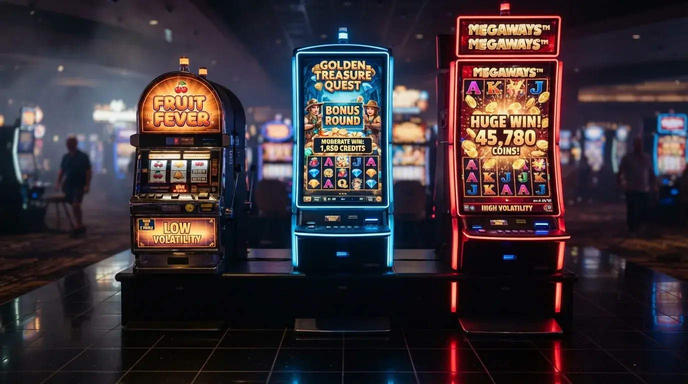 Drie gokkasten naast elkaar: een klassieke fruitautomaat, een videoslot met bonusronde en een Megaways-gokkast met cascading reels