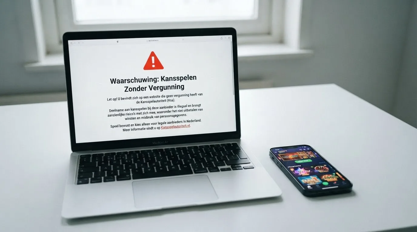 Een waarschuwingspagina van de Kansspelautoriteit over illegale online casino's naast een smartphone met een buitenlandse casino-site